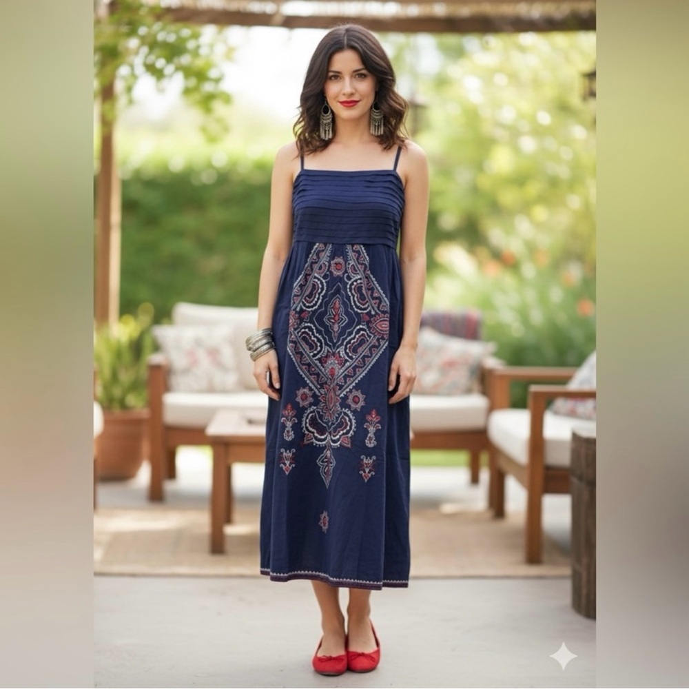 Chaudry Embroidered Boho Midi Dress Pleated Cotton Navy Spaghetti Strap Y2K 90s